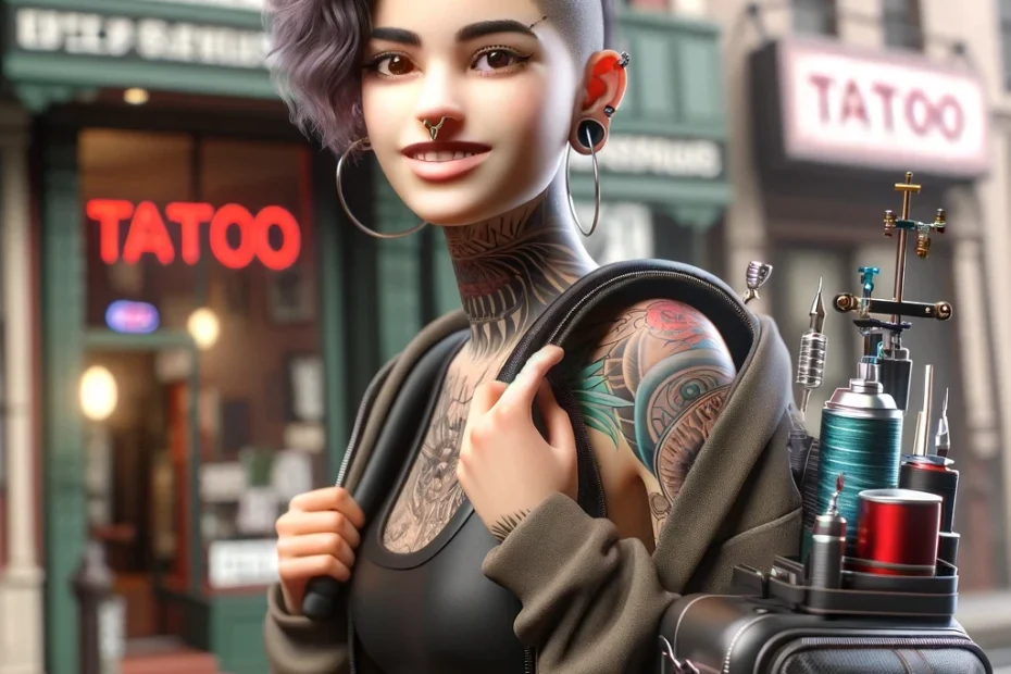 Weibliche Tattoo-Künstlerin auf Reisen, steht vor einem Tattoo-Studio mit Tätowiermaschine, Piercings und Tattoos auf den Armen.