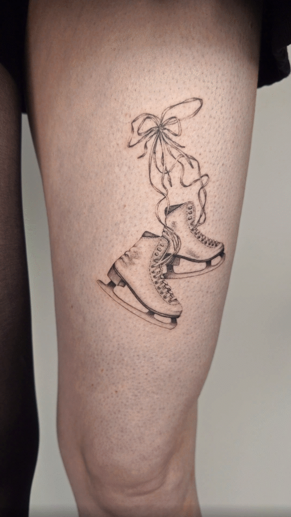 Schlittschuh-Tattoo mit Schleife von Viktoria im Atelier Noir nu Köln Ehrenfeld